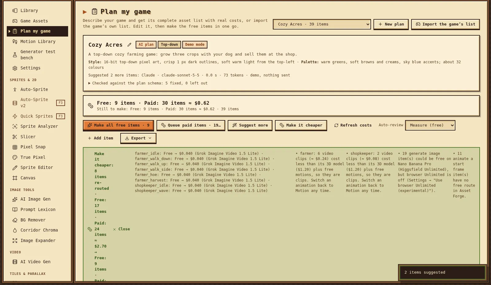 The Plan my game page for a farming game plan of 39 items. A green Make it cheaper panel lists eight animation items moved to $0.040 video clips, with notes that six clips for the farmer cost less than its 3D model at $1.20