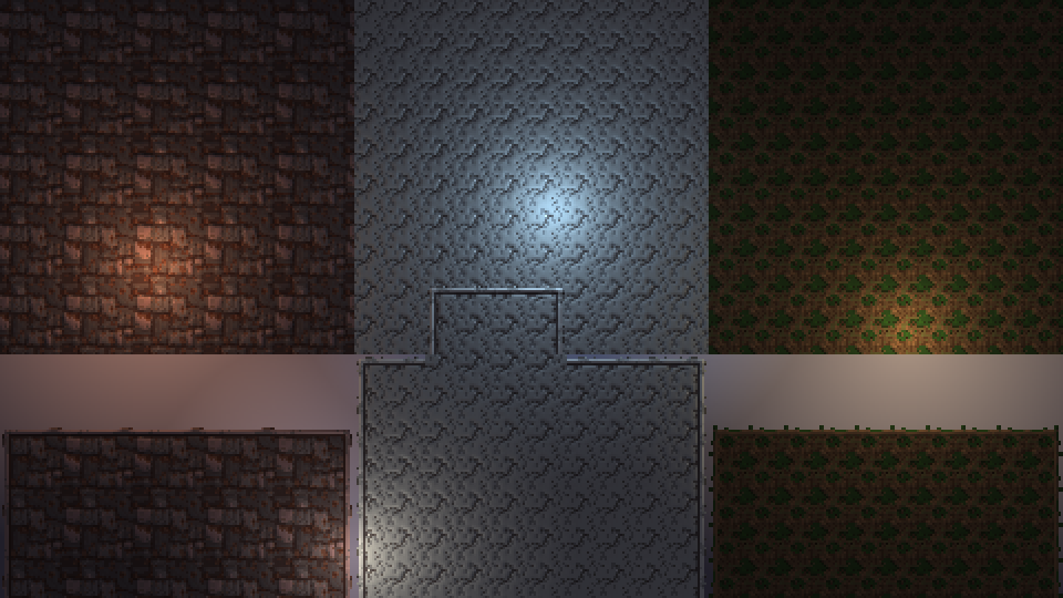 A three-panel pixel-art lighting test: dark red brick, grey cobblestone and green foliage tiles, each lit by a coloured point light, with cut-out patches of each tile in the lower half
