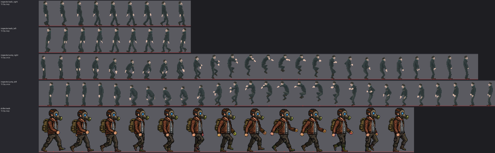 Five rows of sprite-sheet strips on a dark background, each labelled: an inspector character walking right and left and jumping both ways at 15 fps, and the larger drifter walking right. A thin red line marks the feet in every frame