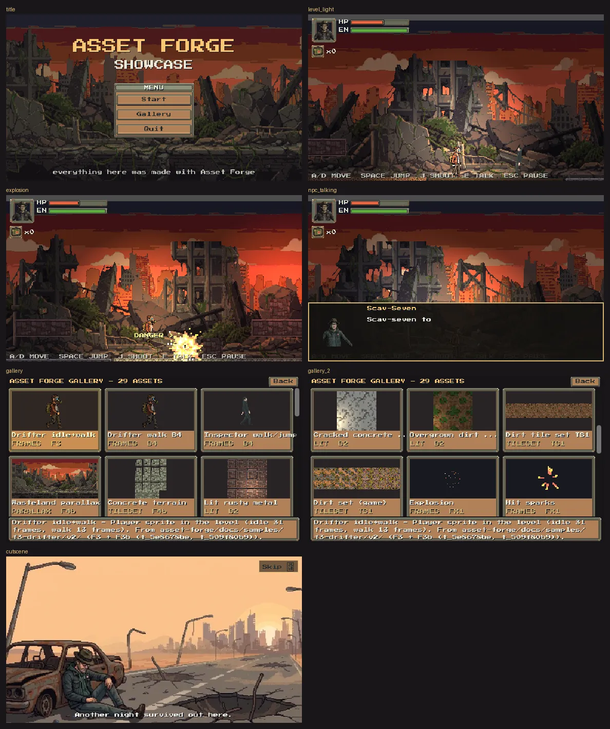 A contact sheet of seven screenshots from the Asset Forge Showcase in Godot: the title screen, a side-scrolling level in an orange-skied ruined city, an explosion, a dialogue box with an NPC, two gallery pages listing assets, and a cutscene of a man resting by a rusted car