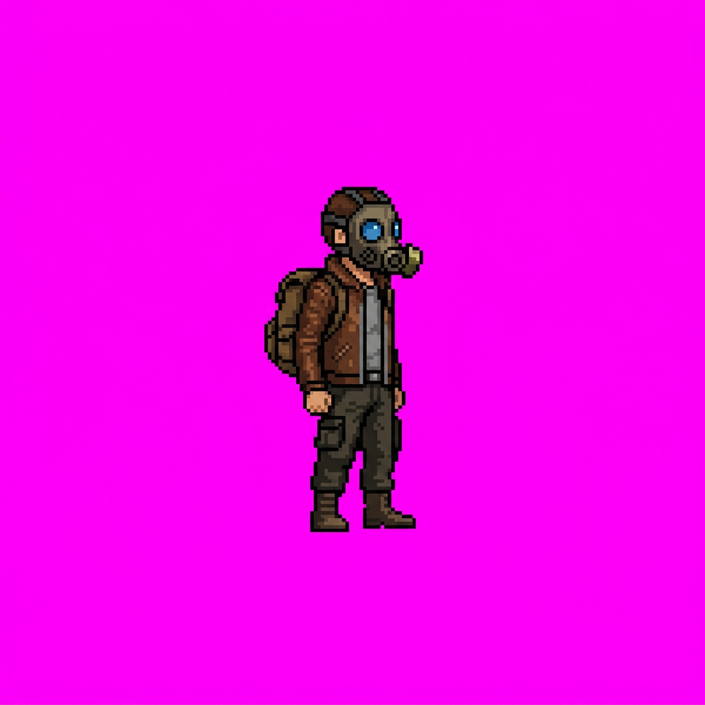 The drifter as a single pixel-art start frame: a figure in profile facing right, with a gas mask with blue lenses, a brown leather jacket, olive cargo trousers, boots and a large backpack, on a flat magenta background
