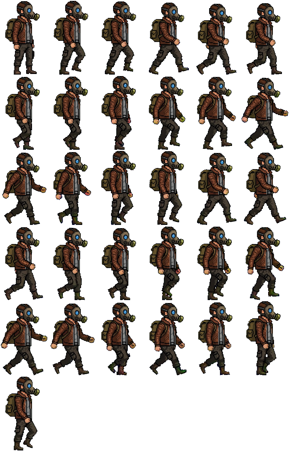 A sprite sheet of the drifter walking: 31 frames in a six-column grid, each a side view of the gas-masked figure mid-stride on a transparent background