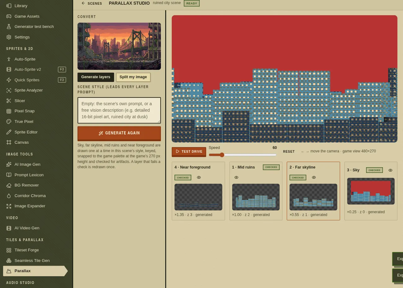 The Parallax studio in Asset Forge with a ruined-city scene marked Ready: a preview of layered blue pixel-art buildings under a red sky, a Test Drive button and speed slider, and four checked layer cards for near foreground, mid ruins, far skyline and sky