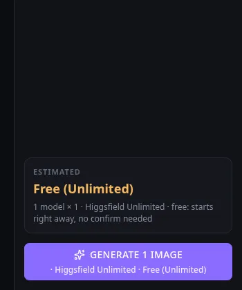 The AI Image Gen settings panel in Asset Forge. The estimate reads Free (Unlimited), 1 model times 1, Higgsfield Unlimited, free: starts right away, no confirm needed