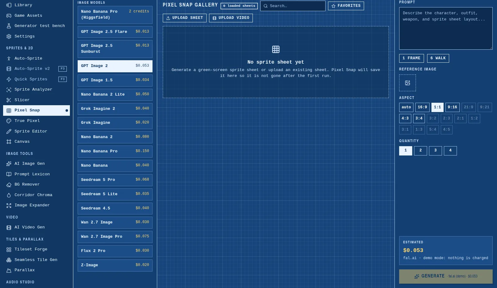The same Pixel Snap page in the Blueprint theme: dark navy panels on a faint grid, white monospace text and yellow prices, with the same model list, empty gallery and prompt panel in the same places