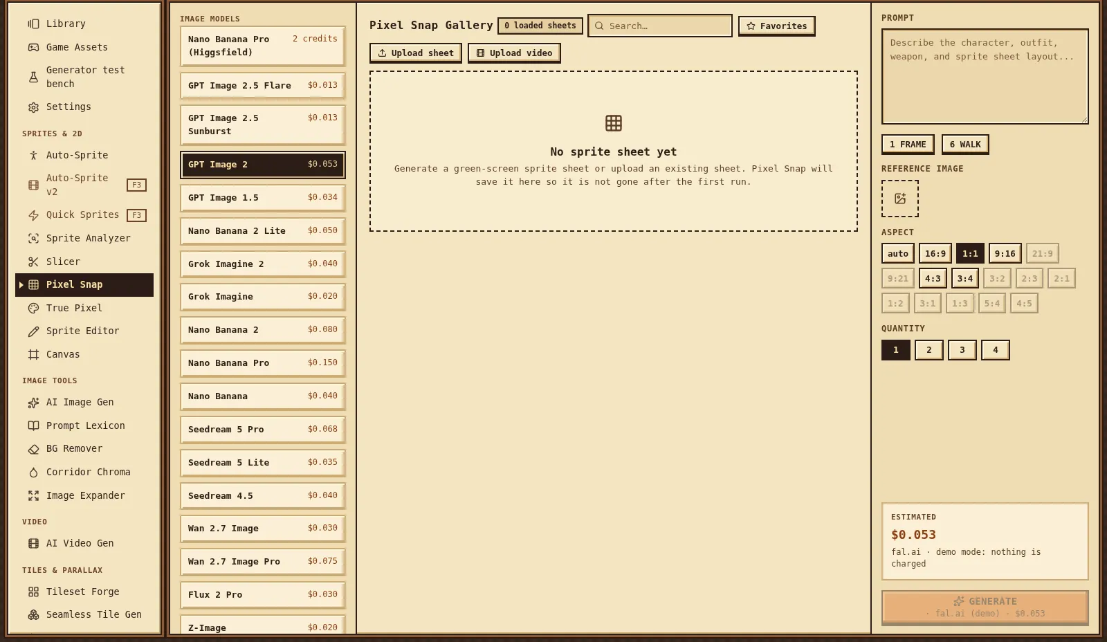 Asset Forge's Pixel Snap page in the Pixel Workshop theme: wood-brown header, cream parchment panels with chunky outlined borders, a list of image models with prices on the left, an empty Pixel Snap gallery in the middle and the prompt and estimate panel on the right