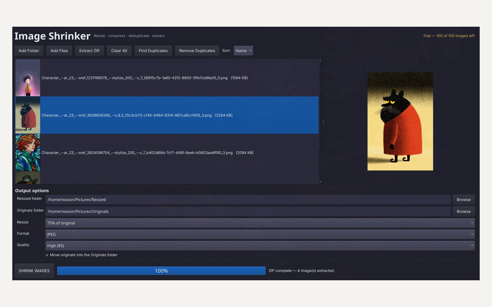 The Image Shrinker window: a thumbnail list of five photos on the left, a preview pane on the right, and output options below