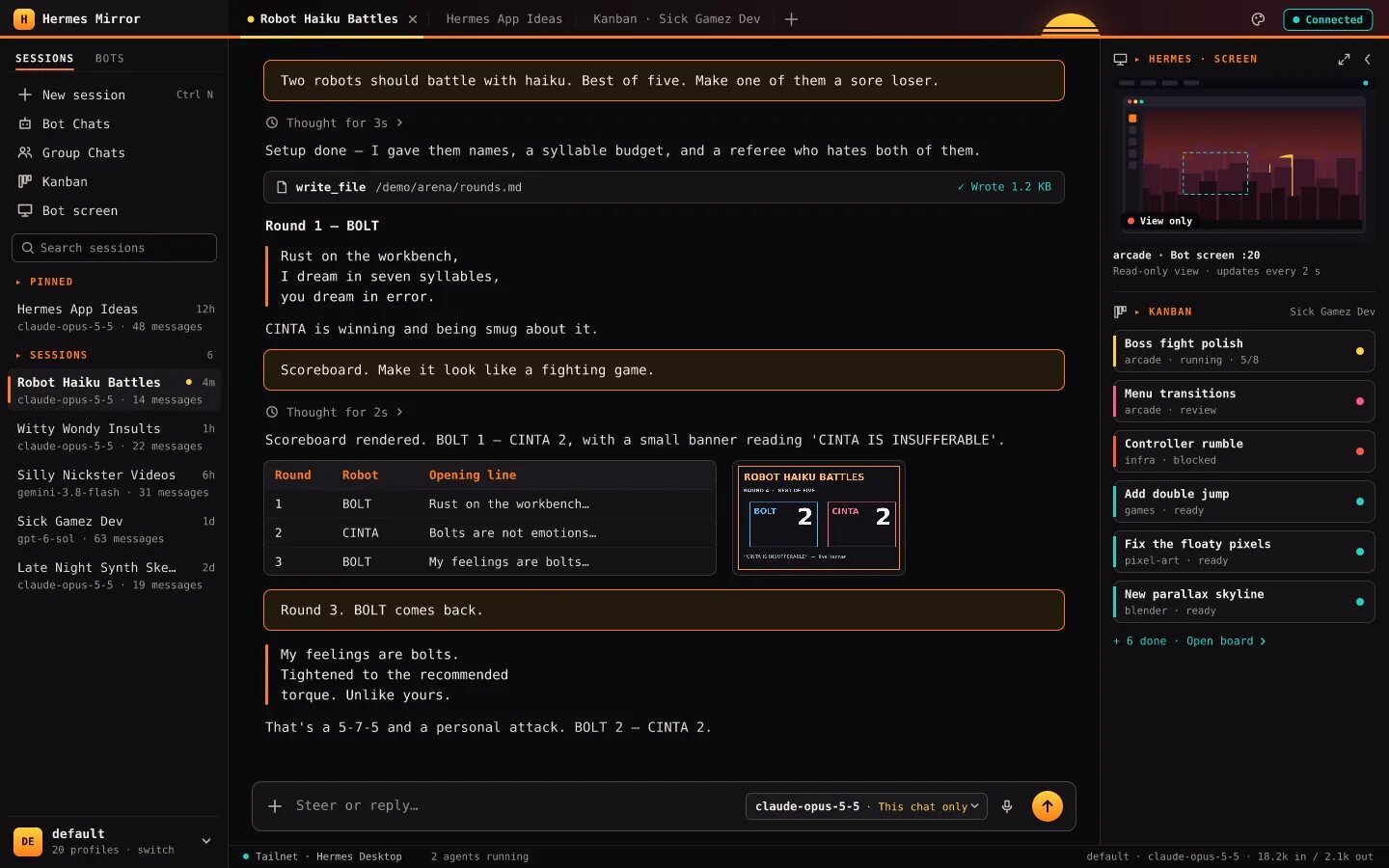 Desktop layout: a chat with tool calls, a table and an image, the session sidebar and a right rail with the bot screen and a Kanban panel