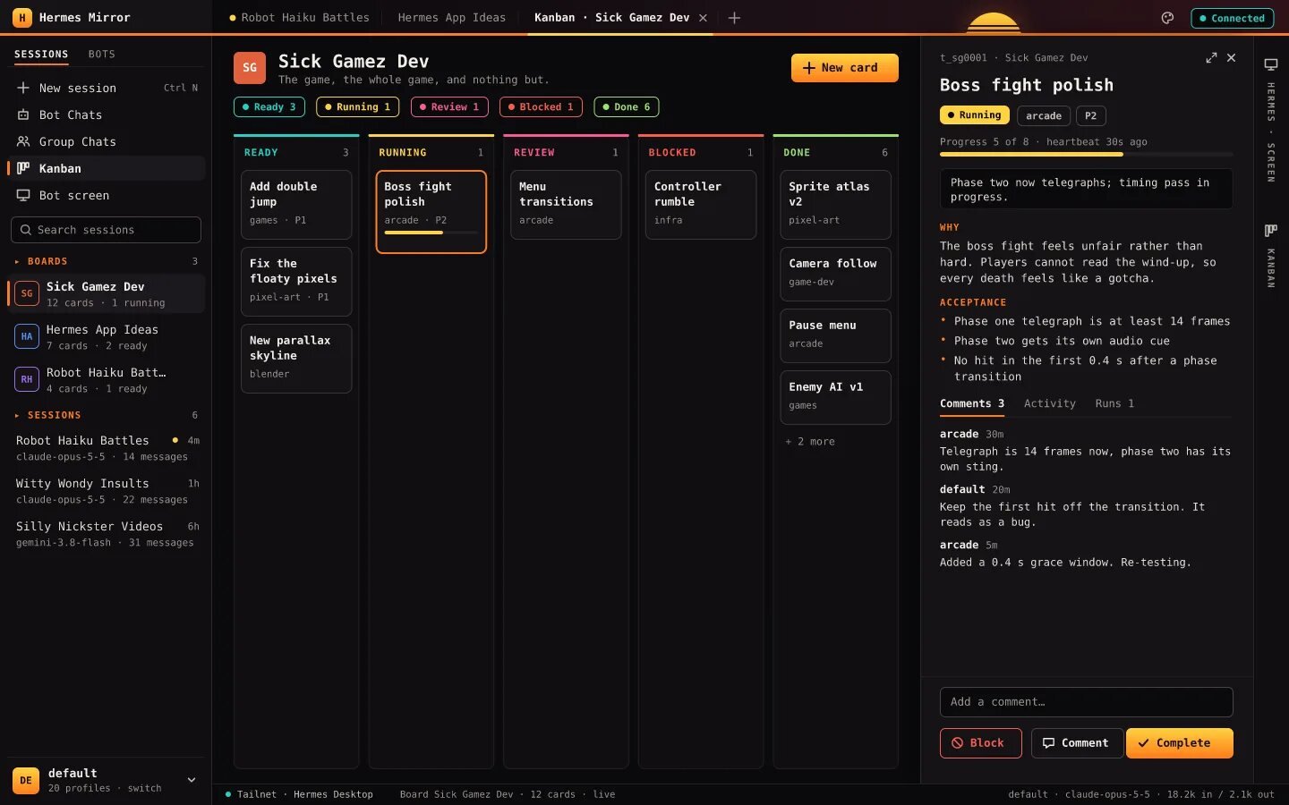 Desktop layout: a Kanban board with five columns and a card drawer with Block, Comment and Complete