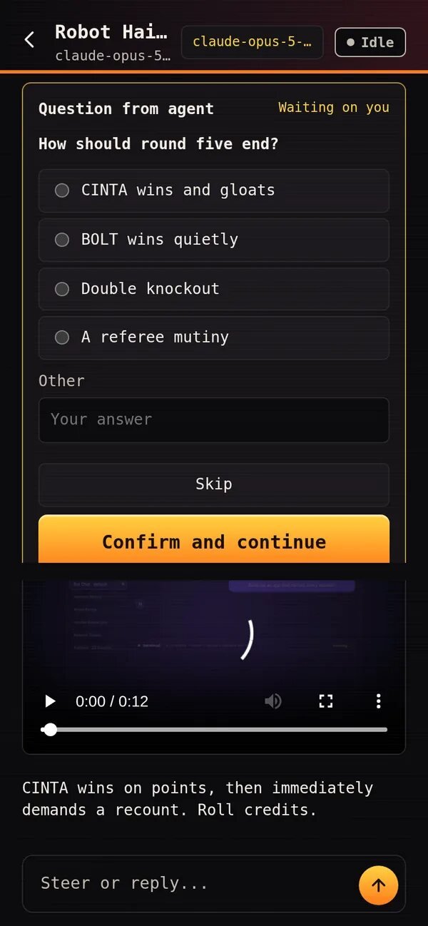Phone: a question from an agent with four choices, above the chat