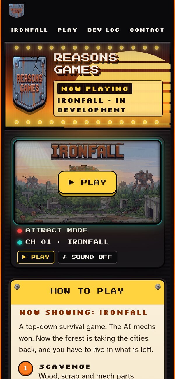 The Reasons Games home page on a phone: the marquee and the Ironfall attract-mode screen