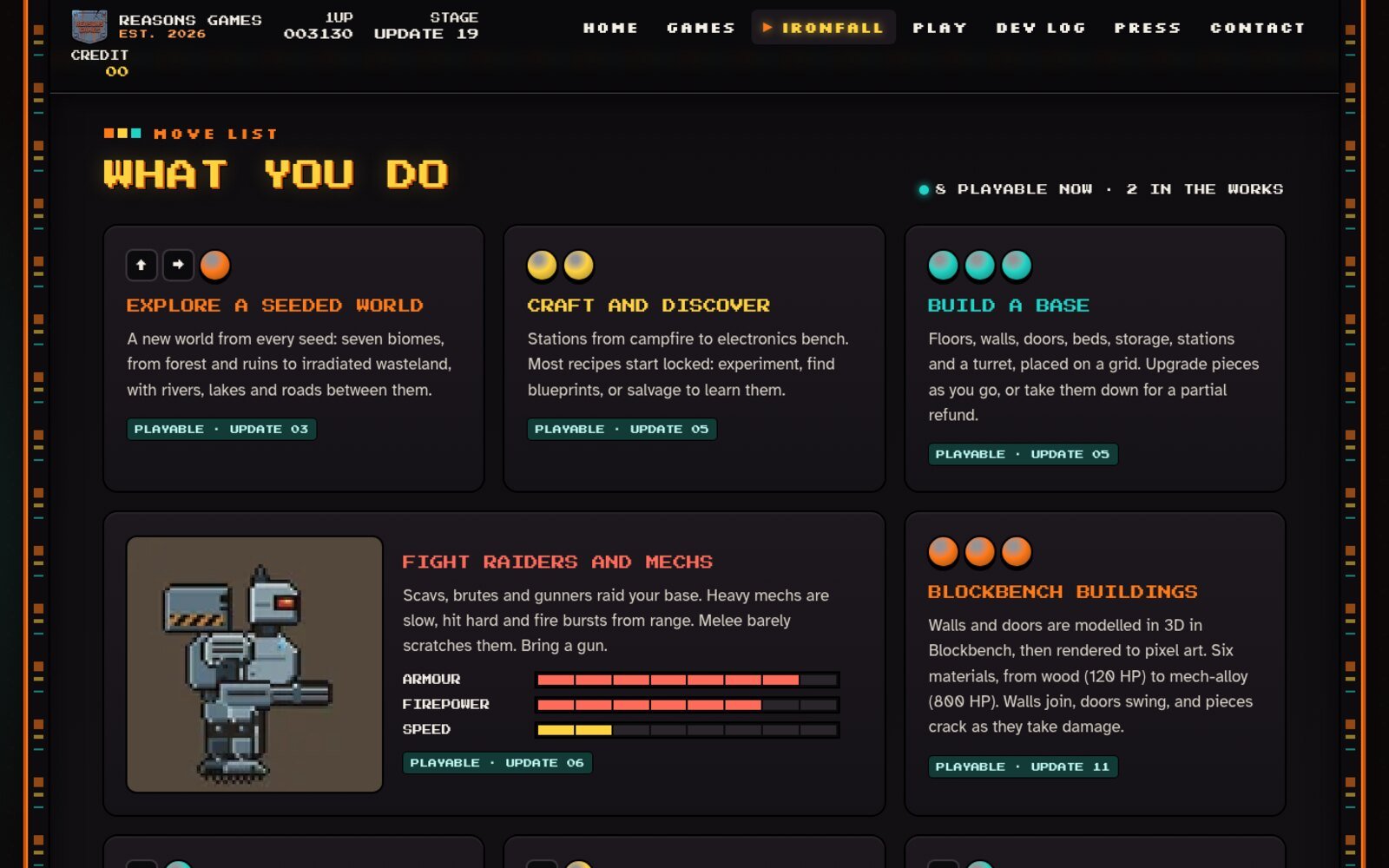 The Ironfall page: the story and the move list of playable features