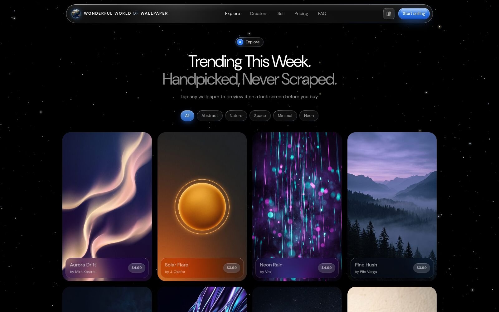 Trending section with category filters and a grid of wallpapers