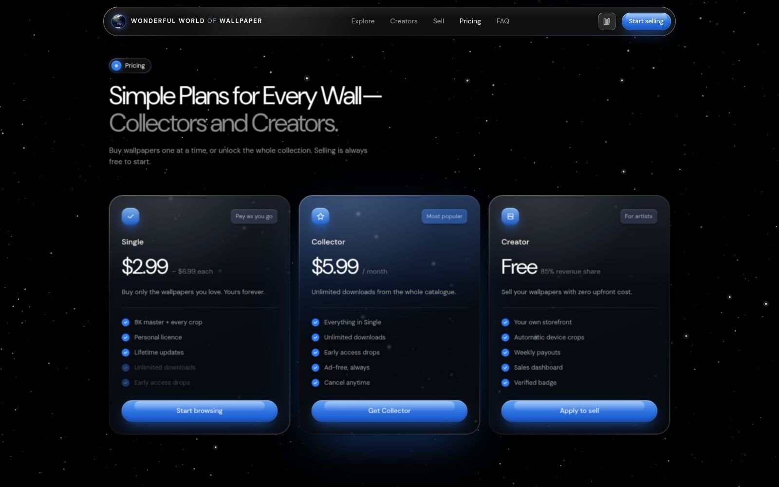 Three pricing plans on glass cards