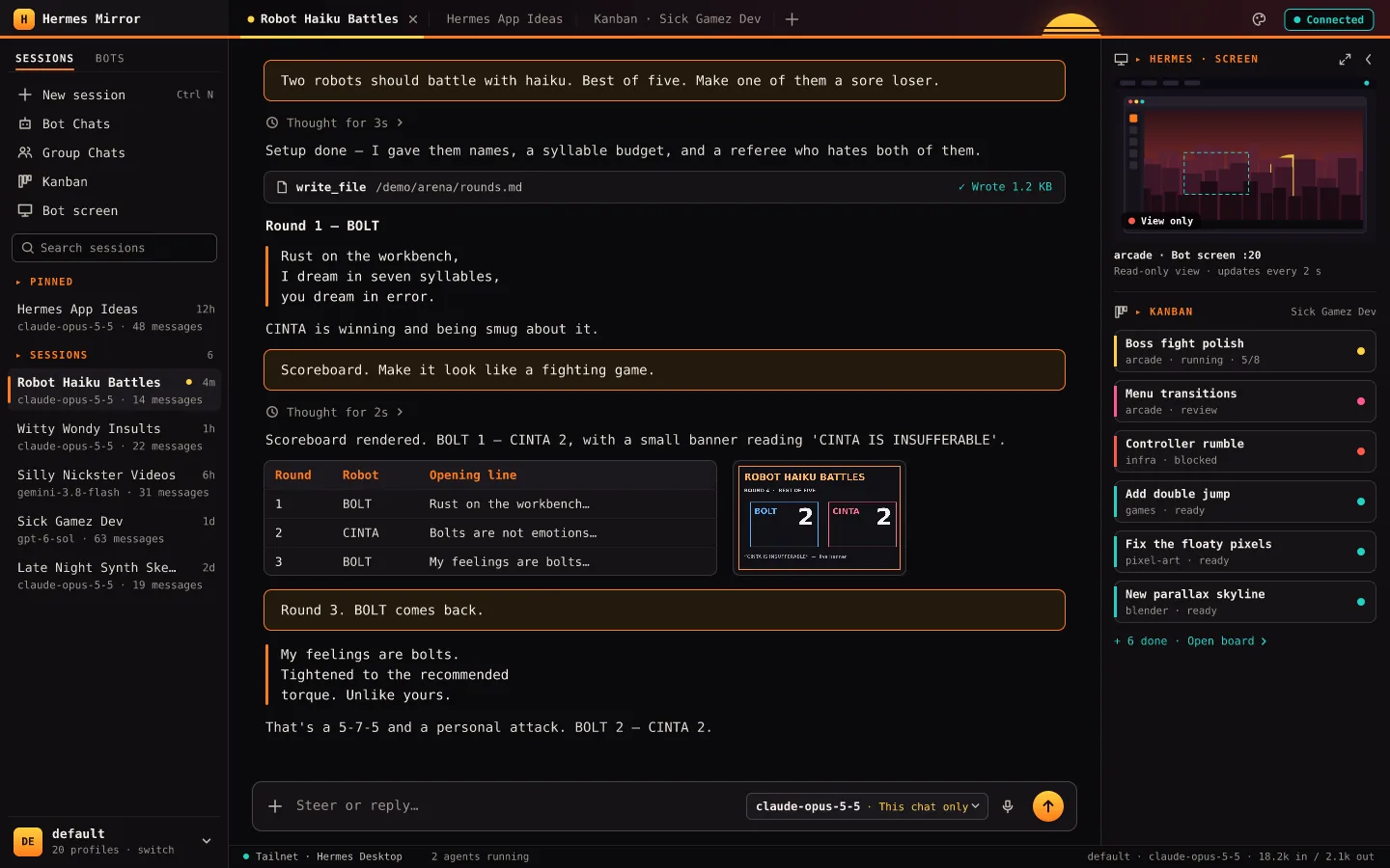 Desktop layout: a chat with tool calls, a table and an image, the session sidebar and a right rail with the bot screen and a Kanban panel