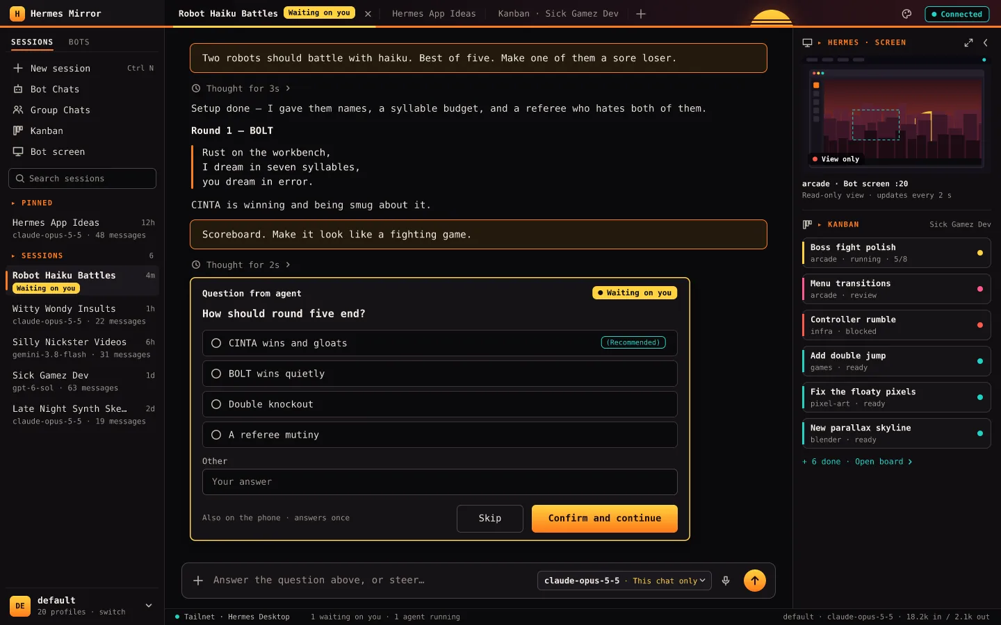 Desktop layout: a question from an agent waiting for an answer, with four choices
