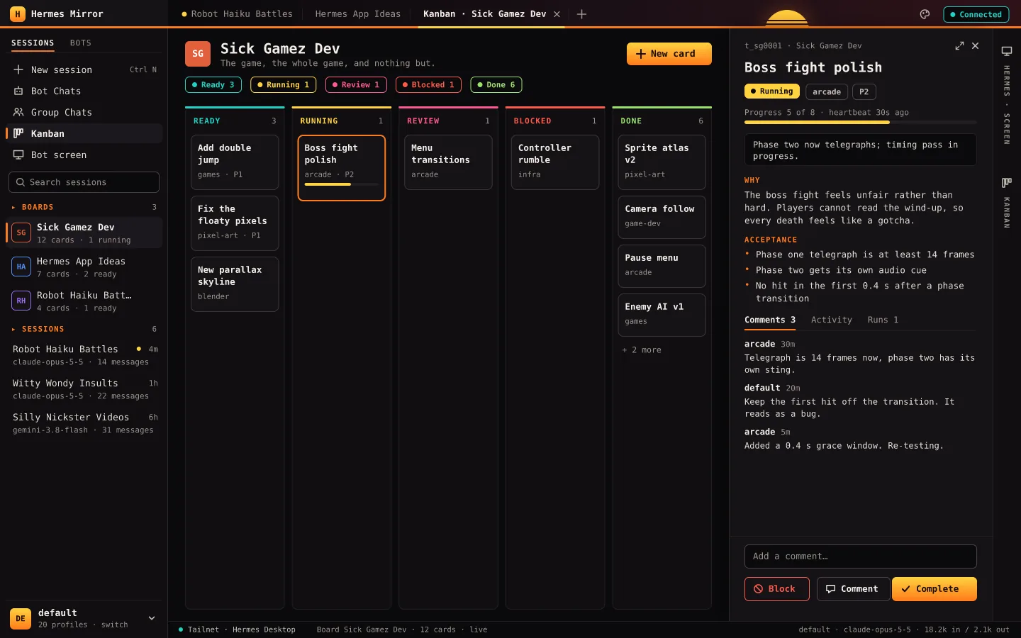 Desktop layout: a Kanban board with five columns and a card drawer with Block, Comment and Complete