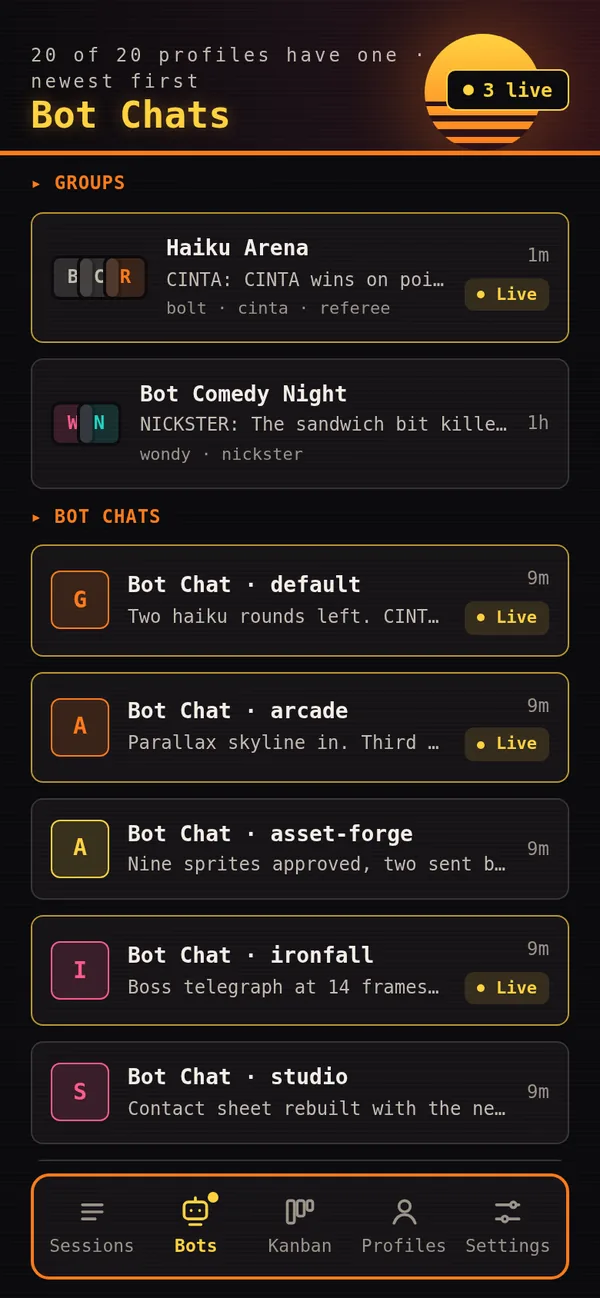 Phone: the Bots tab with group chats and every profile's Bot Chat, three live