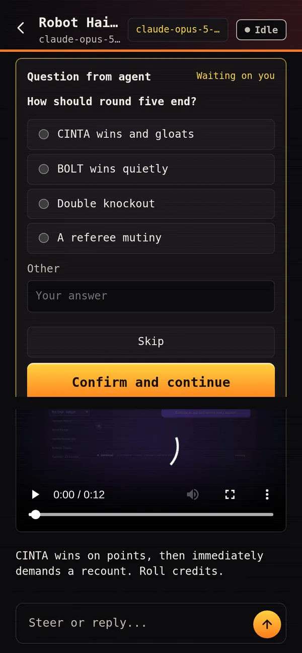 Phone: a question from an agent with four choices, above the chat