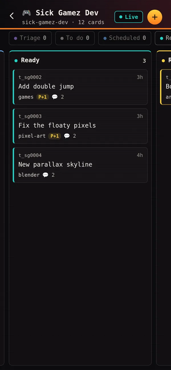 Phone: a Kanban board with swipeable columns